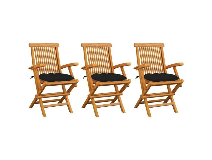 vidaXL Sitzgruppe vidaXL Klappstühle mit schwarzen Kissen, 3-teilig, Massivholz Teakholz