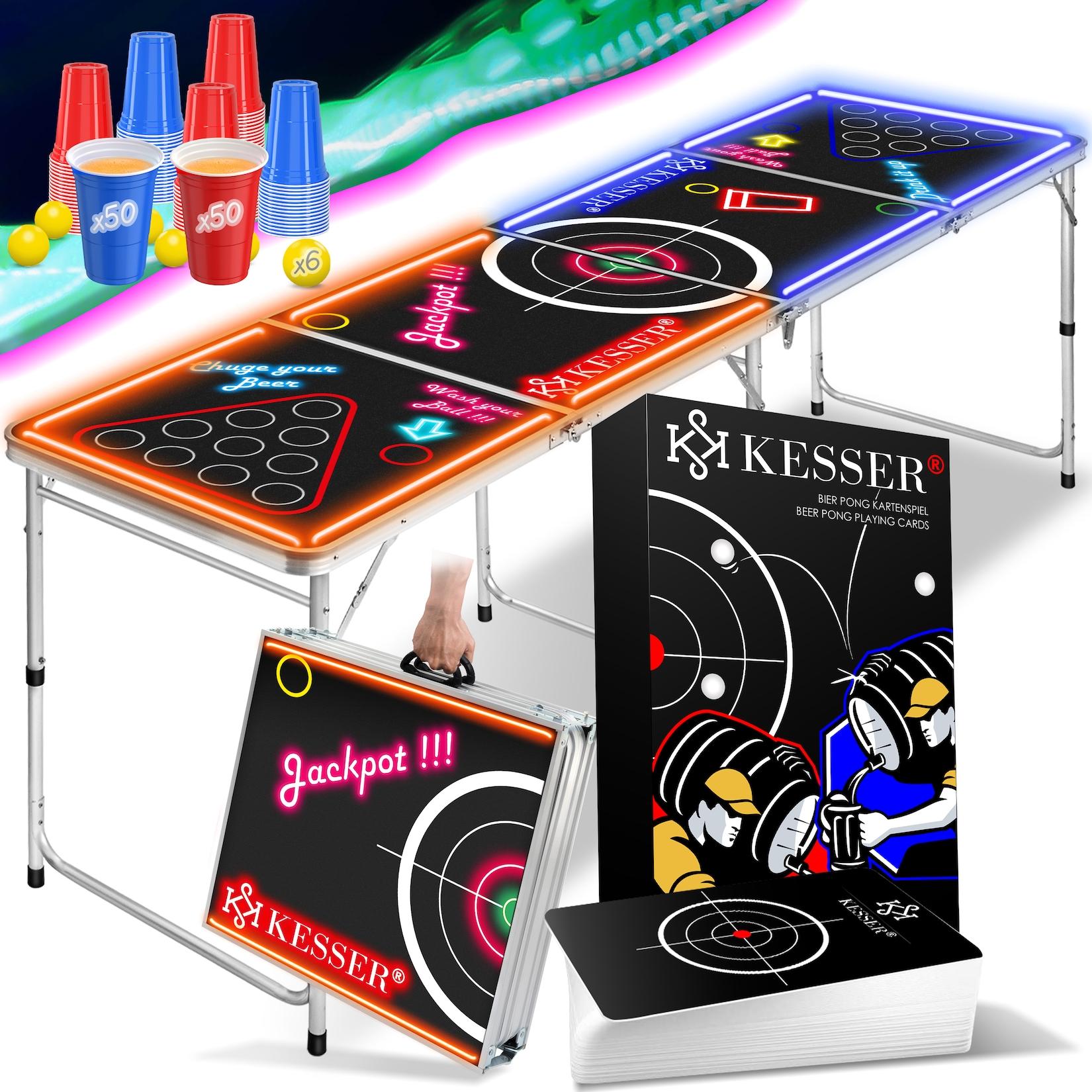 KESSER® Bier Pong Tisch Set mit Kartenspiel Trinkspiel inkl. 100 Becher (50 Rot & 50 Blau), 6 Bälle + Regelwerk Partyspiele Table Höhenverstellbar Klappbarer ohne oder mit LED