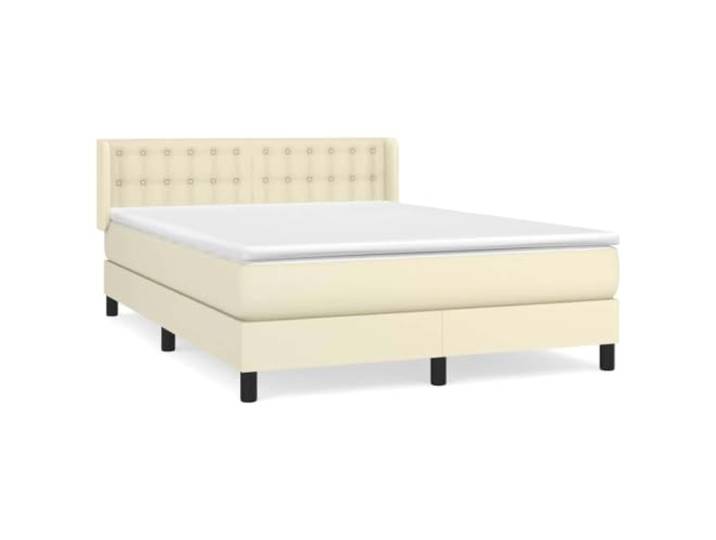 PUGYNBK Boxspringbett mit Matratze, Kunstleder, cremefarben, 140 x 190 cm Verstellbares Kopfteil, Taschenfedern, mittlere Unterstützung, freundlicher Lederbezug, einfache Reinigung