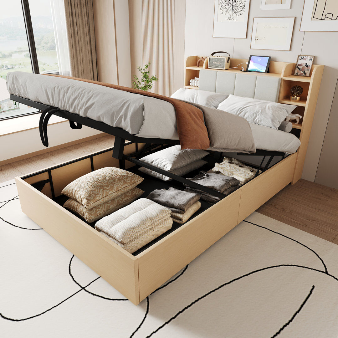 August Grove Hydraulic Storage Bed Brown European Double (140 x 200 cm)