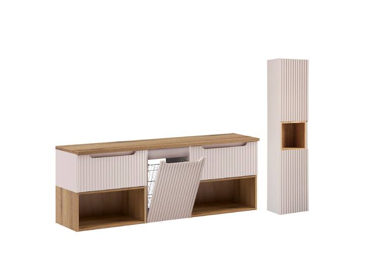 Ensemble meuble sous-vasque 160cm panier à linge niches et colonne Riva Cachemire et Bois