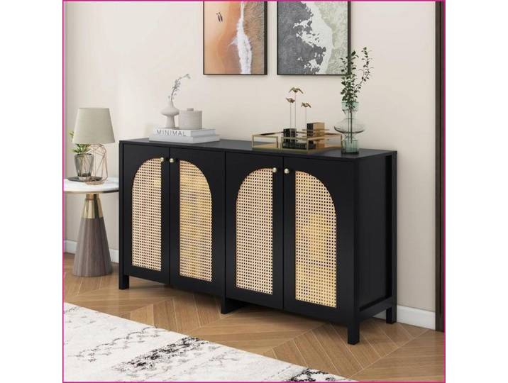 Sideboard Buffet - Style Minimaliste 4 Portes Rattan Poignées Métal – Noir