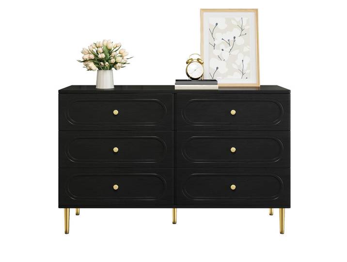 Flieks Sideboard 6 Schubladen Metallfüße ovale Vertiefungen modern, Schwarz, 40x75x120 cm, Kleinmöbel, Kommoden, Sideboards