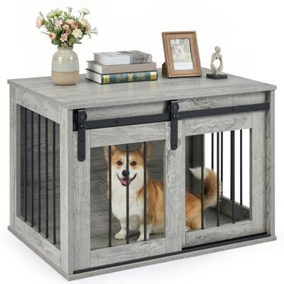 Costway Dog Crate Furniture Heavy Duty Dog Kennel with Sliding Barn Door-Gray