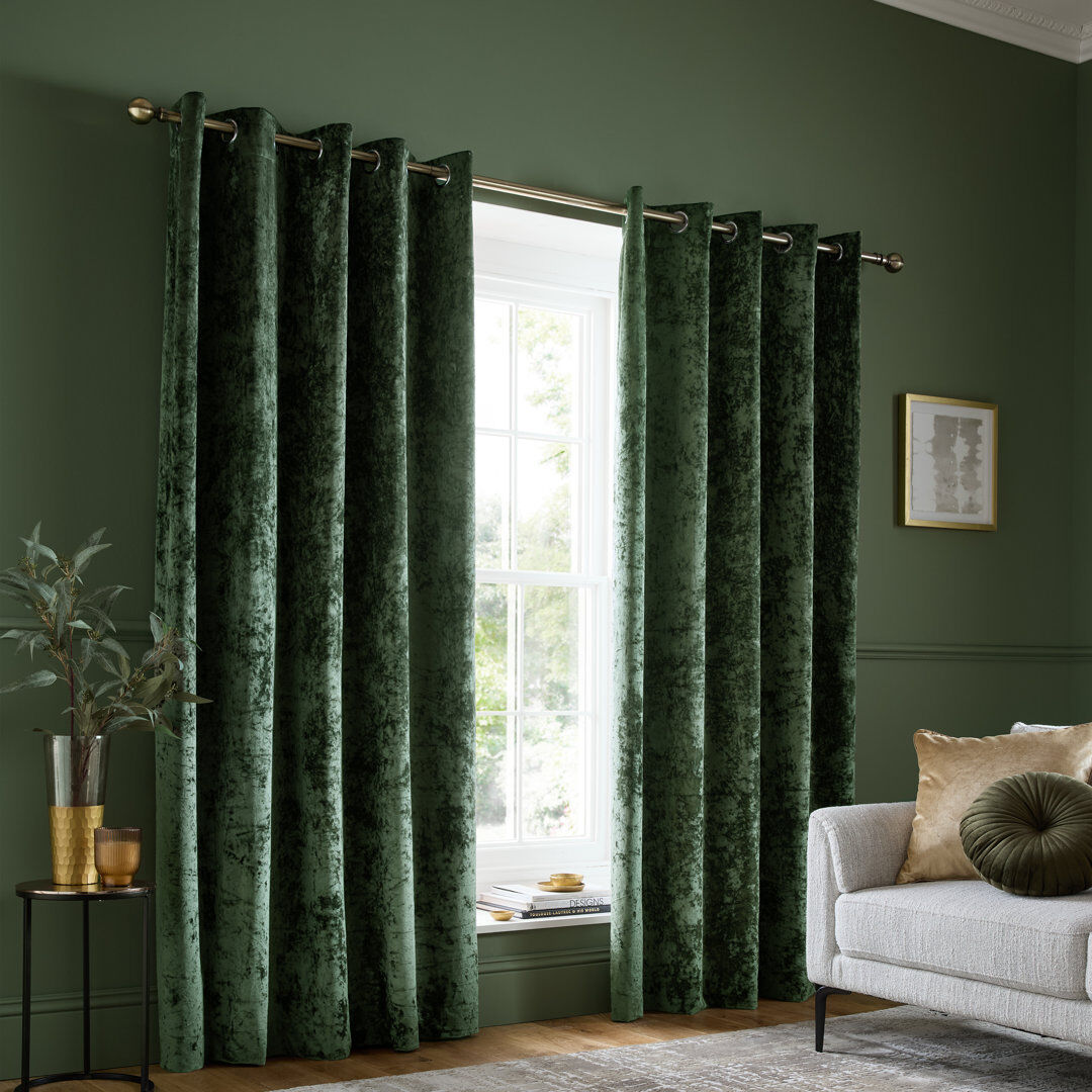 Catherine Lansfield Crushed Velvet Eyelet Sheer Curtains Olive Green 66 x 90 Inch