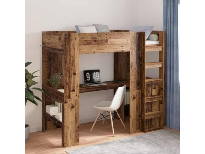 Holzwerkstoff Loftbett mit Schreibtisch platzsparend Studenten Einzelbett Etagenbett mit Schreibtisch Altholz 90x200 cm Hochbett mit Lattenrost Leiter und Regal für kleine Räume Schlafzimmer