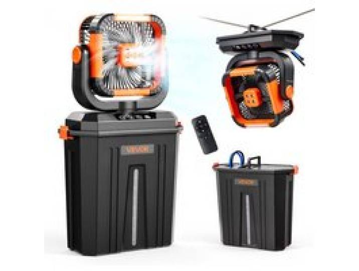 VEVOR Akku Camping Ventilator, 2400 U/min Motor, Outdoor Nebelventilator mit 12-L-Wassertank, 20000-mAh-Akku, 4 Gänge & 3 Beleuchtungsmodi, Wasserkühlung Nebelfan für Camping, Angeln, Reisen