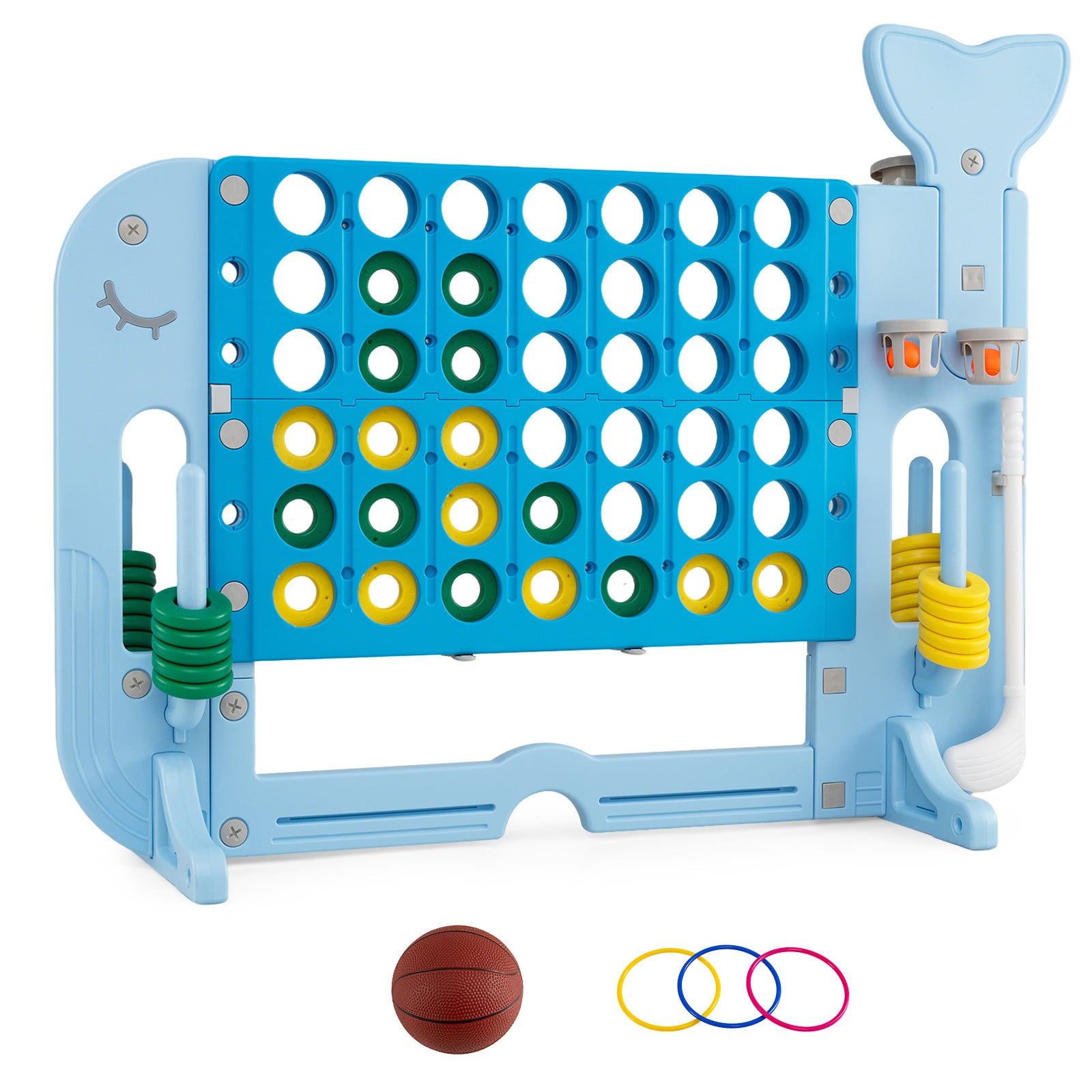 Costway 4-in-1 Spelset met Vier op een rij, Basketbalring, Ringwerpen en Minigolf in het Blauw