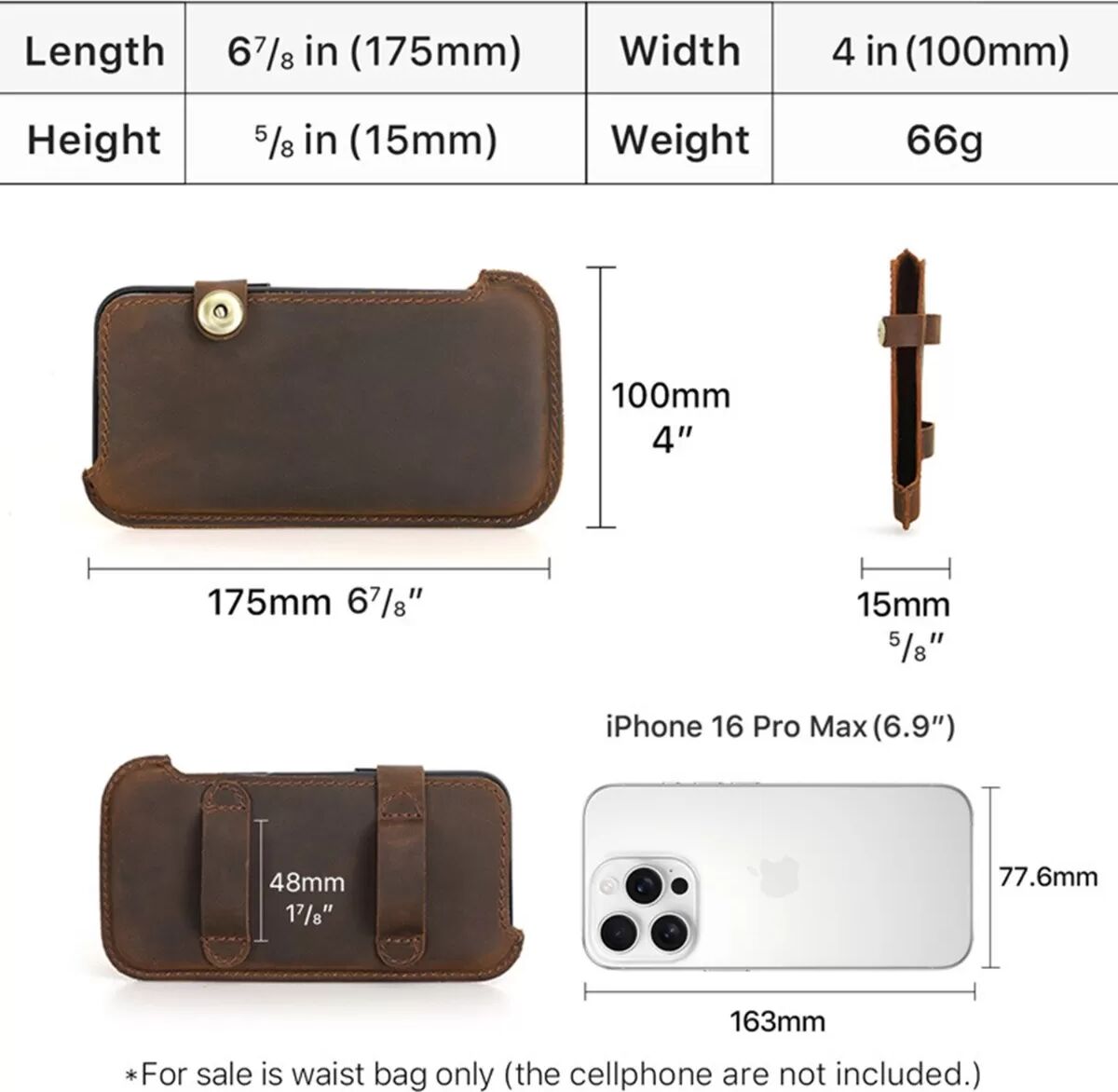 INF Kaffeebraune PU Leder Handy Gürteltasche für 6,7 Zoll Smartphones, kompatibel mit Huawei, Samsung, Apple, Garmin