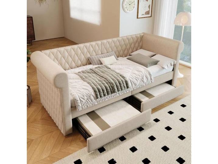 Lit 90x200 cm Lit banquette Canapé-lit avec 2 tiroirs simple Beige