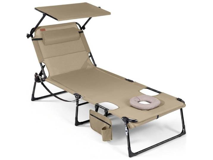 HOMECALL Bain de soleil chaise longue transat pliable avec ouverture faciale dossier réglable pare-soleil Coussin Beige