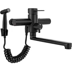 KLARWERK® Max | Gastronomie Armatur Wandmontage Schwarz | Edelstahl Profi Küchenarmatur mit Handbrause | Mischer Wasserhahn 2 Brausen flacher Auslauf