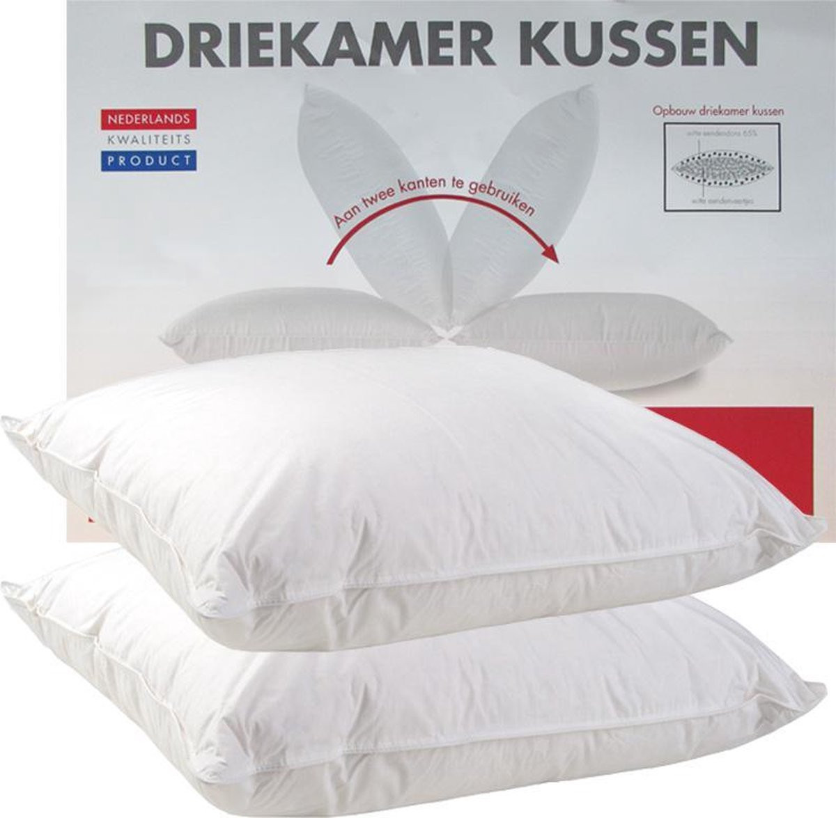 Klaas Vaak Driekamer Kussen Set van 2 stuks - Eendendons - Wit - 60 x 70 cm