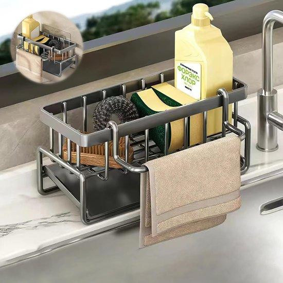 Grijze metalen gootsteenorganizer met zelfledigende afvoerbak en houder voor sponzen en theedoeken
