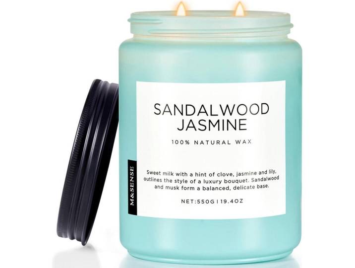 Duftkerze Sandelholz Jasmin 550g 2 Baumwolldochte 110 Stunden Brenndauer, Türkis, Paraffin, 13 cm, Dekoration, Kerzen & Kerzenhalter, Duftkerzen