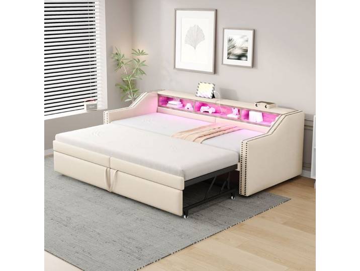 Canapé-lit convertible - SOGEU - Lit capitonné - 90x200 (ext. 180x200) - Rangement & USB - LED intégrée