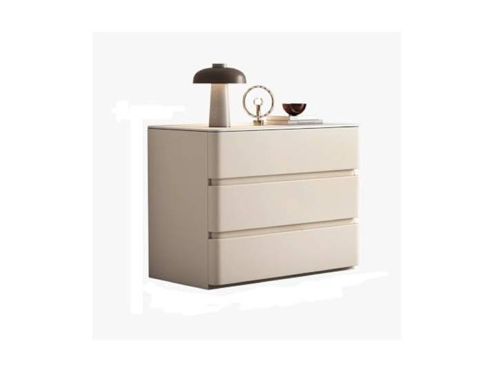 Bett mit Stauraum Cremefarbener Nachttisch/Dekomöbel Desktop 70/60 cm cremefarbener Stauraum mit drei Schubladen, Massivholz + Lederfurnier + Plattenarbeitsplatte(70x40x60cm)