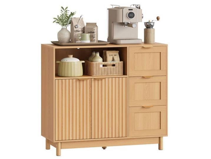 Buffet Cuisine 90x35x80cm - WOLTU Commode - 3 Tiroirs et 1 Porte - Chêne