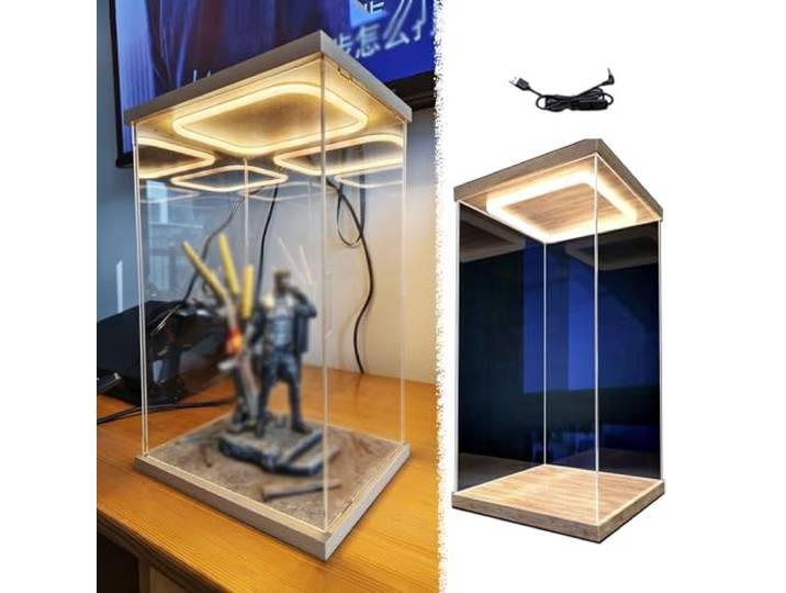 CMYUN Acryl Vitrine Beleuchtete Hohe Acrylvitrine, PVC-Vitrine für Sammlerstücke, Puppenfiguren, Modelle, Trophäenvitrine mit Holzsockel, Kleiner Aufbewahrungsschrank(30x30x60cm/12x12x24in)