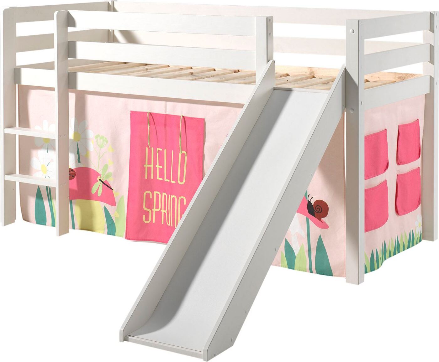Kinderbett mit Rutsche Karolina Massivholz Weiß Textilset Spring 1