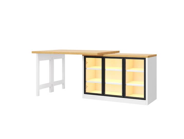 ComfortXL Bartisch De-38576 ausziehbar 120-197 cm 360° drehbar und LED-Lichtsystem Weiß, 120x72x40 cm, Esszimmer, Barmöbel, Bartische