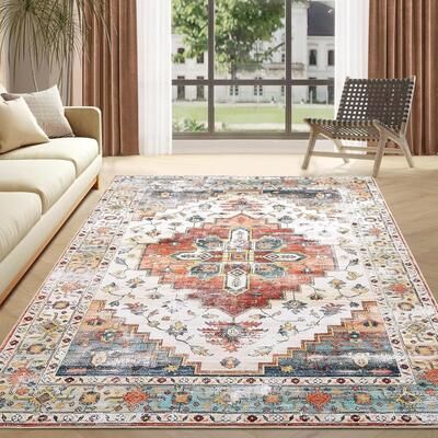 YUN Area Rug 8x10, Vintage Washable Rug for Bedroom, Non-Slip Soft Floral Carpet for Living Room or Nursery - 8' x 10'