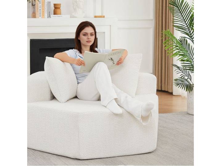 Maisentiel Fauteuil lounge modulable 1 place hexagonal en chenille bouclée beige avec 3 coussins