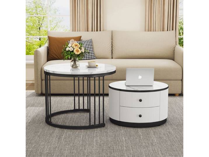 Ensemble 2 Tables Basses Blanches Nid 60x60x45.5cm Design Élégant Salon Moderne Set Contemporain Déco Chic