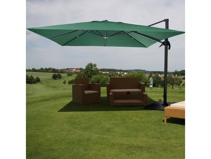 Gastronomie-Ampelschirm HWC-A96, Sonnenschirm 3x3m (Ø4,24m) Polyester Alu/Stahl 23kg dunkelgrün mit Ständer, drehbar