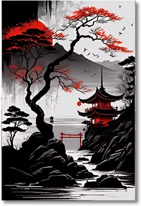 Inspire Curations Vintage Japanese Landscape Canvas Wall Art Set 3 Piece Black & Red Zen Decor pc28478 50x75cm
