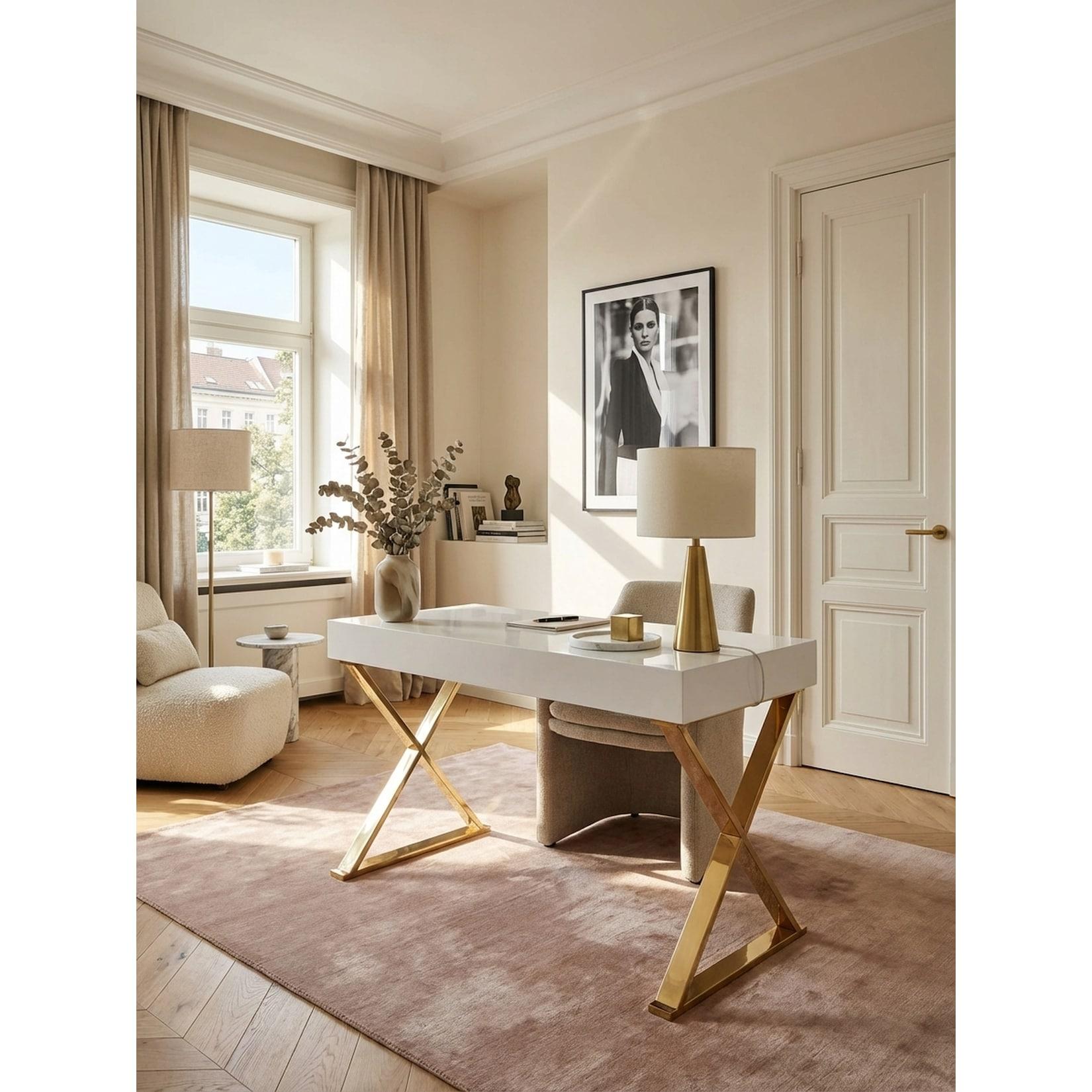Schreibtisch – Hochglanz Weiß, 118x76x57 cm, goldene Metallbeine, 2 Schubladen