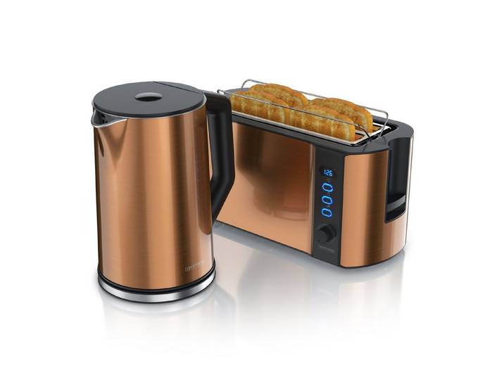 Arendo Frühstücks-Set Edelstahl Wasserkocher 1,5l, 4-Scheiben Langschlitz Toaster, Kupfer (2-tlg), BPA-frei, GS-geprüfte Sicherheit, perfekt fürs Familienfrühstück