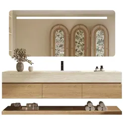 Wandhängendes Badmöbel-Set Travertin-Look mit Sinterstein Waschbecken Spiegel Unterschrank Ablage mit Armaturloch 140×55 cm【RW9865-140 K】