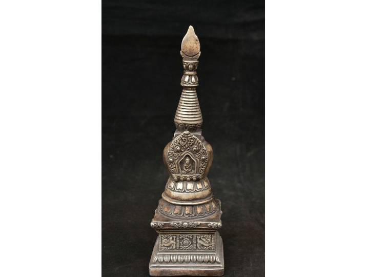 8 chine argent sculpté Shakyamuni Amitabha bouddha Stupa pagode tour Statue décor de bureau
