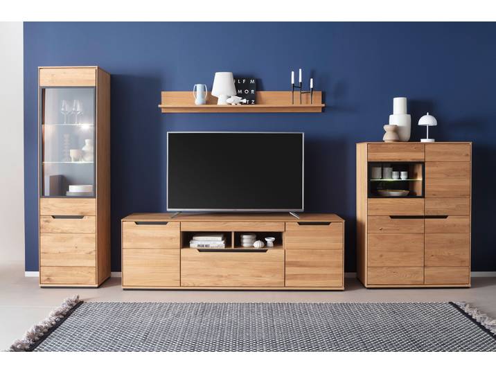 Wohnwand MCA LIVING Araya Wohnkombination II , braun (eichenfarben), B:377,5cm H:195,5cm T:45,5cm, Holzwerkstoff, Massivholz, Kastenmöbel-Sets, Wohnwand, Schubkästen/ Türen gedämpft