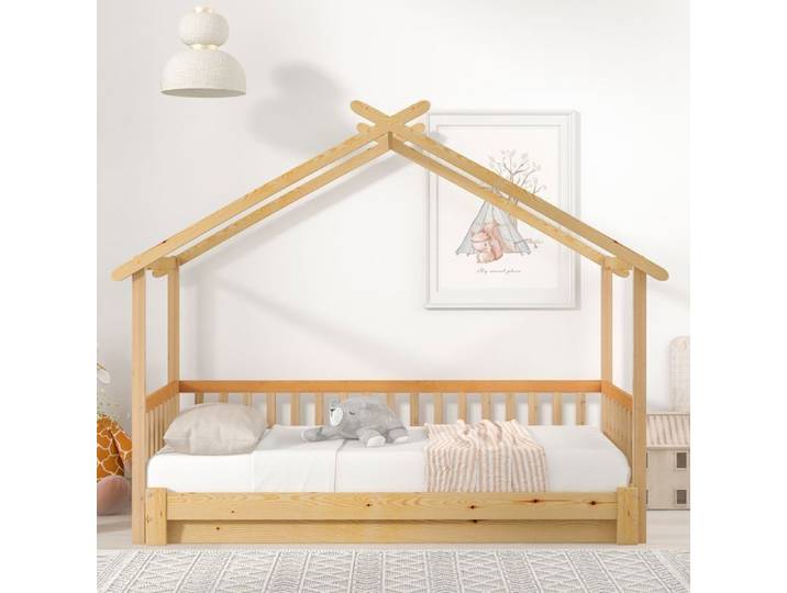 Lit cabane extensible lit de maison lit d'enfant lit de jour lit simple et double bois massif pur naturel (200x90cm)