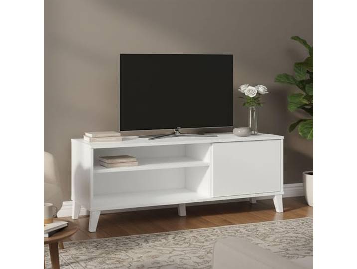 Dmora - Fernsehschrank Ocosta, Ständer für Wohnzimmerfernseher, Niedriges Wohnzimmer-Sideboard, TV-Ständerbasis, 135x40 h50 cm, Weiß