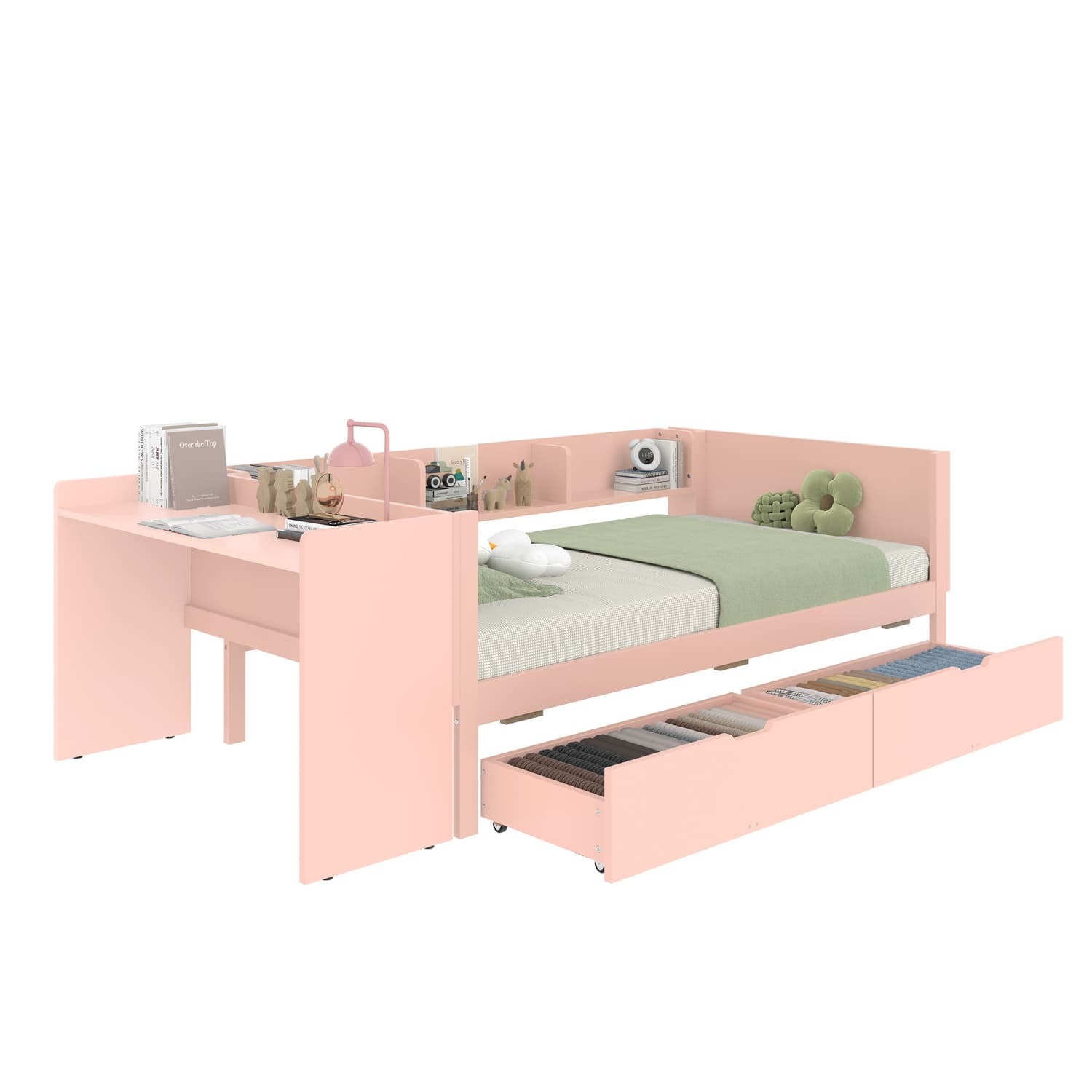 Flachbett,Holzbett,90x200cm,Rosa,mit Schreibtisch, ausgestattet mit 2 Schubladen, Einzelbett(Ohne Matratze)mit Regalen,Kiefer+Spanplatte