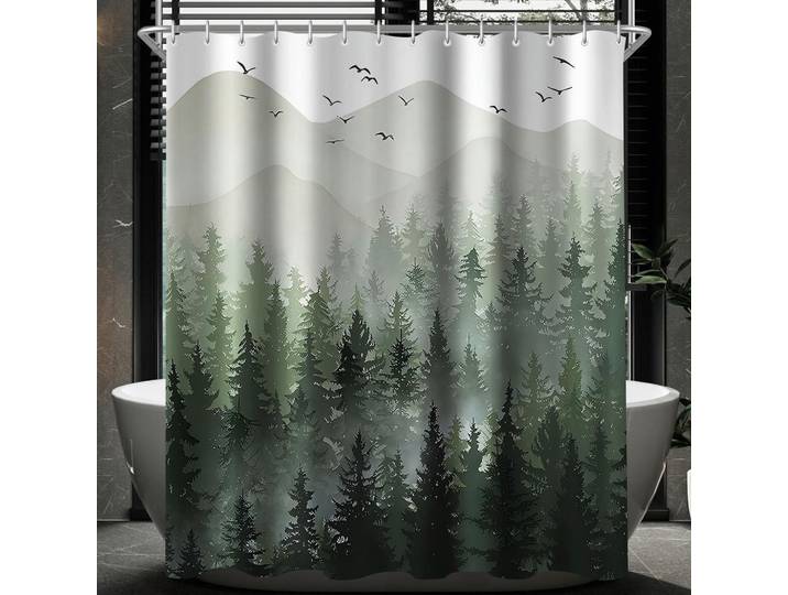 Duschvorhang Wald 180 x 180 cm Wasserabweisend Schimmelresistent, Grün, 180x180 cm, Heimtextilien, Badtextilien, Duschvorhänge