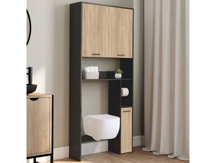 IDMARKET Meuble étagère dessus WC WALLIS noir et bois façon hêtre