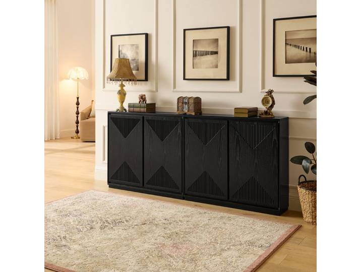 Buffet bas - ZEVKOR - Motif V rainuré - 2 portes - Noir - 99×23 5×83 cm