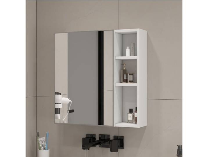 WOVREO Armoire miroir murale 55 x 56 cm blanche avec porte miroir de sécurité et rangement compartimenté