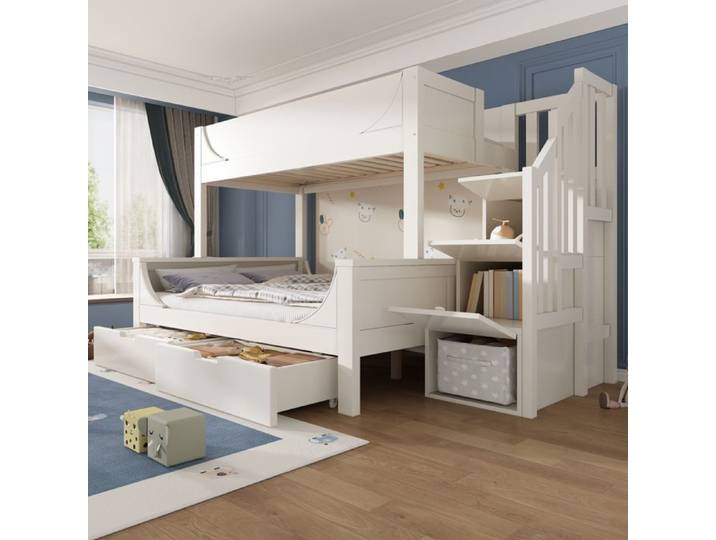 Lit superposé pour enfant - Modèle traîneau blanc - Armoire d'escalier intégrée - Tiroirs - Lit sup. 90x200