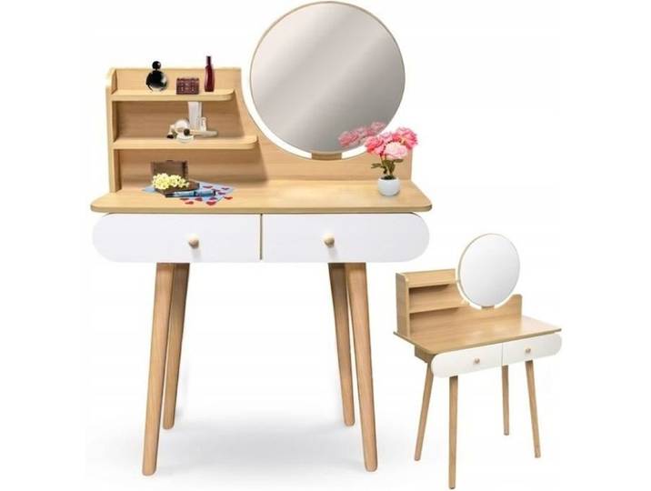 Coiffeuse en bois avec miroir rond et tiroirs - 122x80x40 cm
