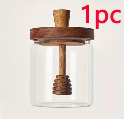 Inspire Daily Merch Glass Honey Jar With Wooden Cover Airtight Advanced Honey Pot And Mixing Rod 1pc