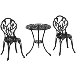 Outsunny Sitzgruppe 3-teilige Tisch+2 Stühle mit Schirmloch Terrasse Aluminium Schwarz Ø60 x 67H cm