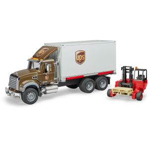 bruder 02828 Fahrzeug MACK Granite UPS Logistik-LKW, mit Gabelstapler und 2 Paletten, Maßstab 1:16