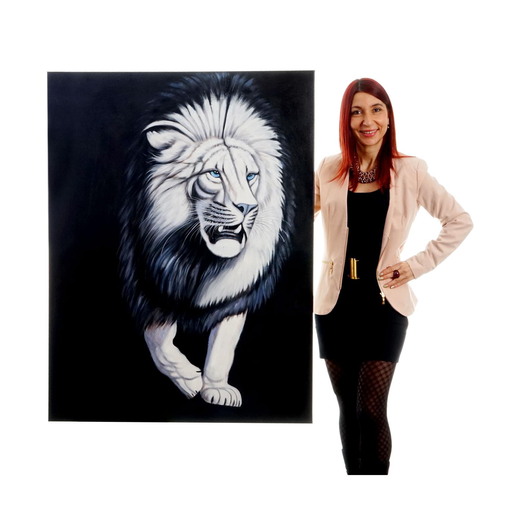 Wandbild Weißer Löwe, 100% handgemaltes Ölgemälde Gemälde XL, 120x90cm