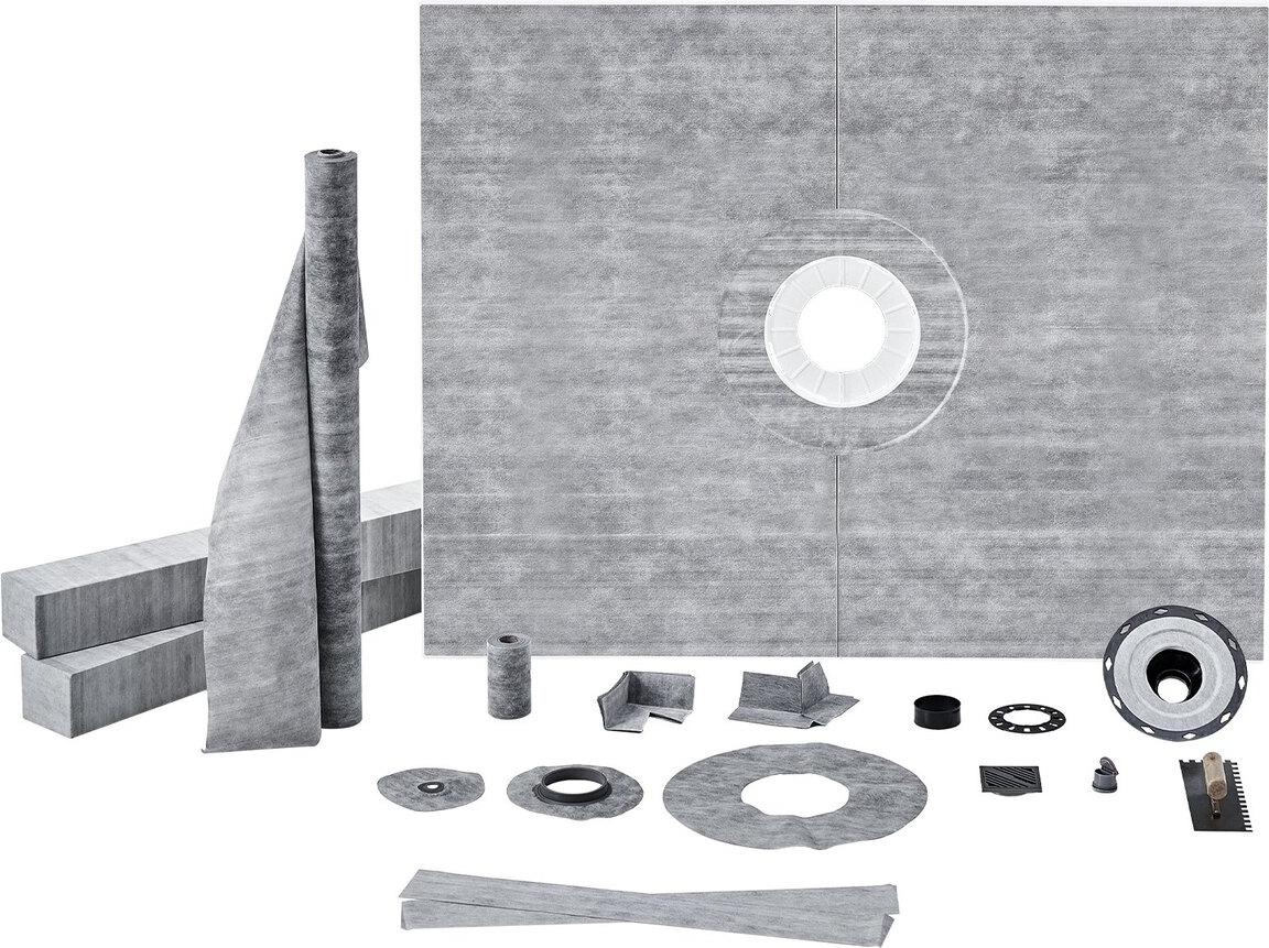 Duschschwellen-Set, 1219 x 1524 mm Duschwannen-Set mit 50,8 mm ABS-Mittelflansch, wasserdichter Membran, Edelstahlrost und Fugendichtmasse, Duschwannen-Gefällestangen, passend für Badezimmer