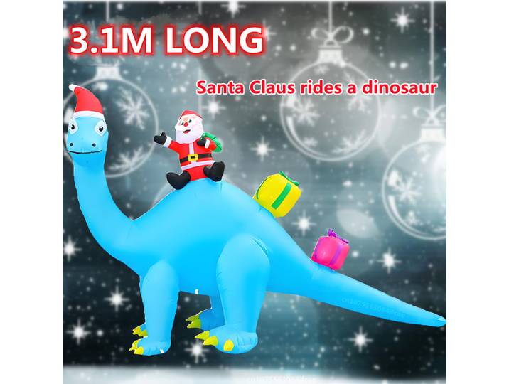 Père Noël Gonflable de Noël de 3.1m de Long avec Dinosaure, Lumière LED spatirée, Ornement Extérieur, Décoration de Jardin pour ixde Nouvel An